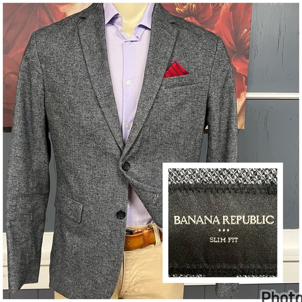 Banana Republic Knit Blazer Jacket Sport Coat Mens 42R Slim Fit Cotton Gray